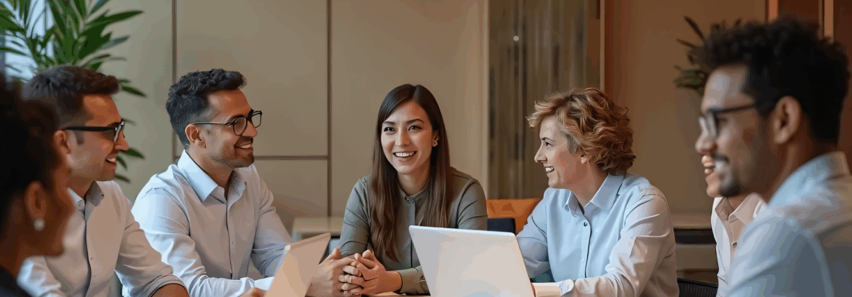 Executivos reunidos em sala de reuniões discutindo desenvolvimento de carreira e competências linguísticas no ambiente corporativo.