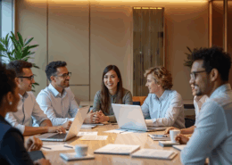 Executivos reunidos em sala de reuniões discutindo desenvolvimento de carreira e competências linguísticas no ambiente corporativo.