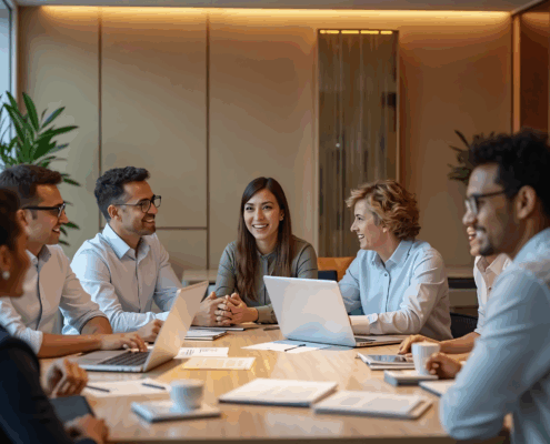 Executivos reunidos em sala de reuniões discutindo desenvolvimento de carreira e competências linguísticas no ambiente corporativo.