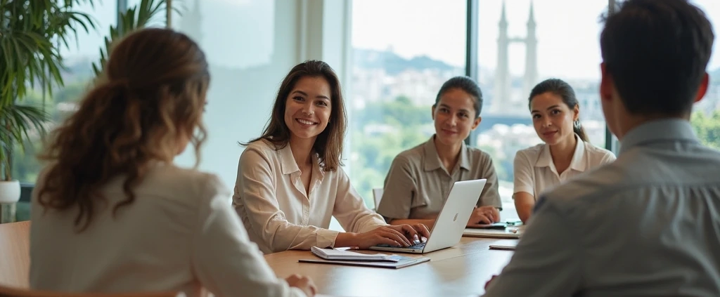 Executivos em uma sala de reunião moderna, trocando ideias e analisando relatórios, representando a importância da fluência em idiomas no ambiente corporativo.