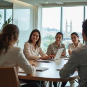 Executivos em uma sala de reunião moderna, trocando ideias e analisando relatórios, representando a importância da fluência em idiomas no ambiente corporativo.