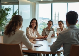 Executivos em uma sala de reunião moderna, trocando ideias e analisando relatórios, representando a importância da fluência em idiomas no ambiente corporativo.
