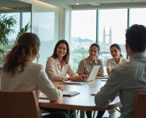 Executivos em uma sala de reunião moderna, trocando ideias e analisando relatórios, representando a importância da fluência em idiomas no ambiente corporativo.