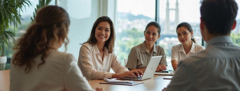 Executivos em uma sala de reunião moderna, trocando ideias e analisando relatórios, representando a importância da fluência em idiomas no ambiente corporativo.